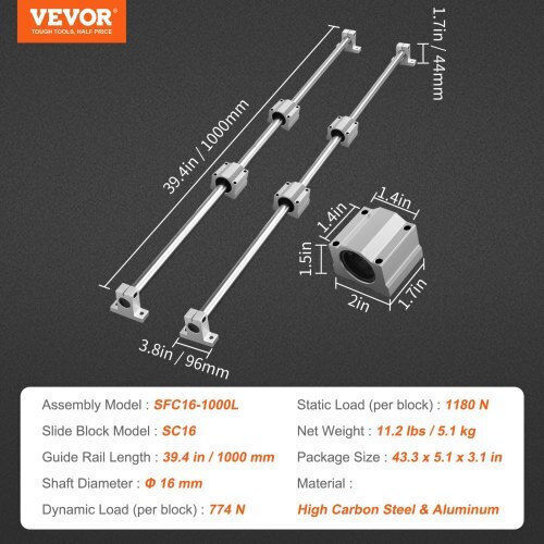 Vevor Line Guide Set Sfc16 1000mm 2 Guides 1000mm 4 Blocks Sc16 4 Supports Kit Cnc Diy Projects Zxh16mm1000mmwxunv0
