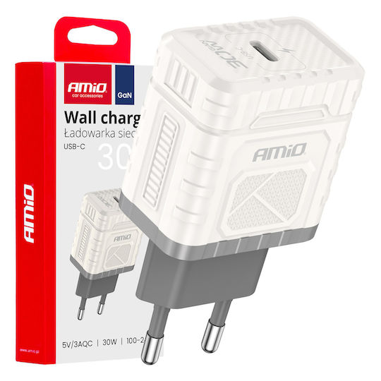 AMiO Încărcător Fără Cablu GaN cu Port USB-C 30W Livrarea energiei Albς (04285)