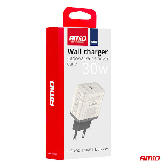 AMiO Încărcător Fără Cablu GaN cu Port USB-C 30W Livrarea energiei Albς (04285)