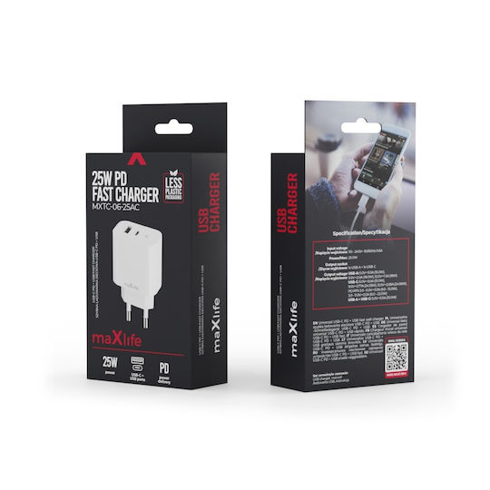 Maxlife Wireless Charger with USB-A and USB-C Ports 25W Power Delivery White