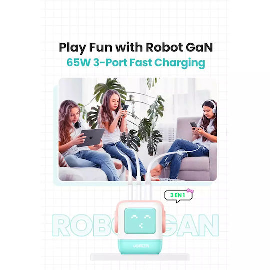 Ugreen Charger Without Cable GaN with USB-A Port and 2 USB-C Ports 65W Power Delivery / Quick Charge 4.0 Pink Blue (Robot)