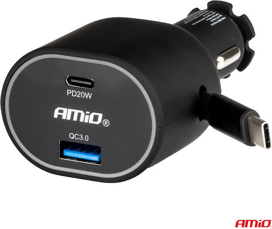 AMiO Autoladegerät Schwarz Schnellladung mit Anschlüssen: 1xUSB 1xType-C inklusive Kabel Eingebettet