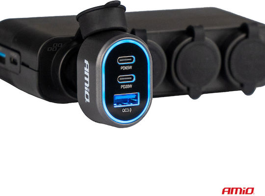 AMiO Автомобилен Заряден Уред 85W Бързо Зареждане с Портове 1xUSB-A 2xType-C Черен Цвят