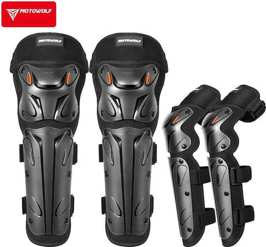 Motorrad Knie- und Ellbogenschützer Set Verstellbarer Klettverschluss Schnellverschluss Belüftet CE-zertifizierte Schalenprotektoren Modell 1010 Lang Motowolf