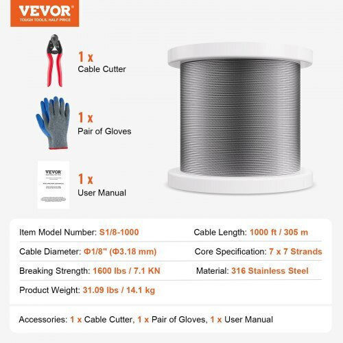 Vevor Stainless Steel Cable T316 1/8" 7x7 1000 Ft Railings Bxggssbxg3163wg03v0