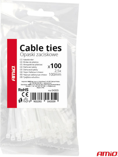 AMiO Plastic Cable Ties 100mmx2.5mm In White Colour 100pcs 04305