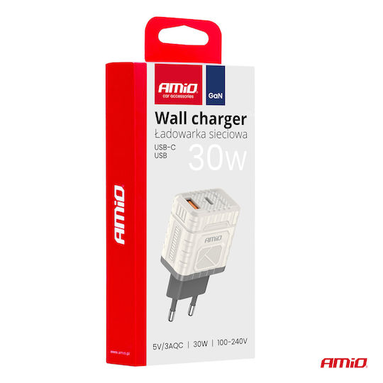 AMiO Încărcător Fără Cablu GaN cu Port USB-A și Port USB-C 30W Livrarea energiei / Quick Charge 3.0 Albς (04286)