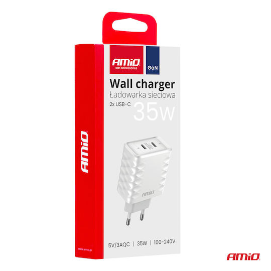 AMiO Încărcător Fără Cablu GaN cu 2 Porturi USB-C 35W Livrarea energiei Albς (04288)