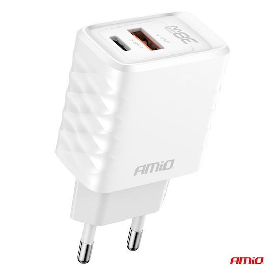 AMiO Încărcător Fără Cablu GaN cu Port USB-A și Port USB-C 38W Livrarea energiei Albς (04287)