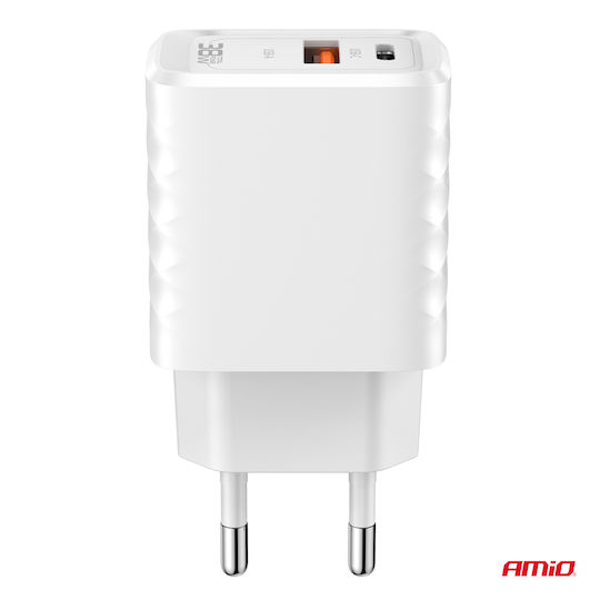 AMiO Încărcător Fără Cablu GaN cu Port USB-A și Port USB-C 38W Livrarea energiei Albς (04287)