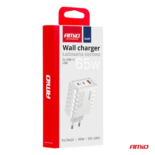 AMiO Încărcător Fără Cablu GaN cu Port USB-A și 2 Porturi USB-C 65W Livrarea energiei / Quick Charge 3.0 Albς (04289)