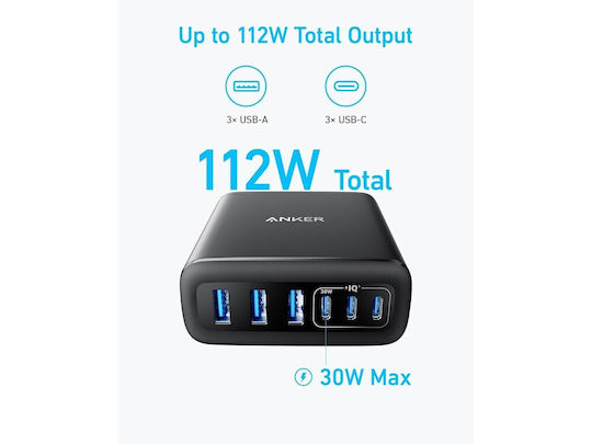 Anker Suport de Încărcare cu 3 Porturi USB-A și 3 Porturi USB-C 112W Livrarea energiei / Quick Charge 3.0 în culoarea Negru (A2154G11)