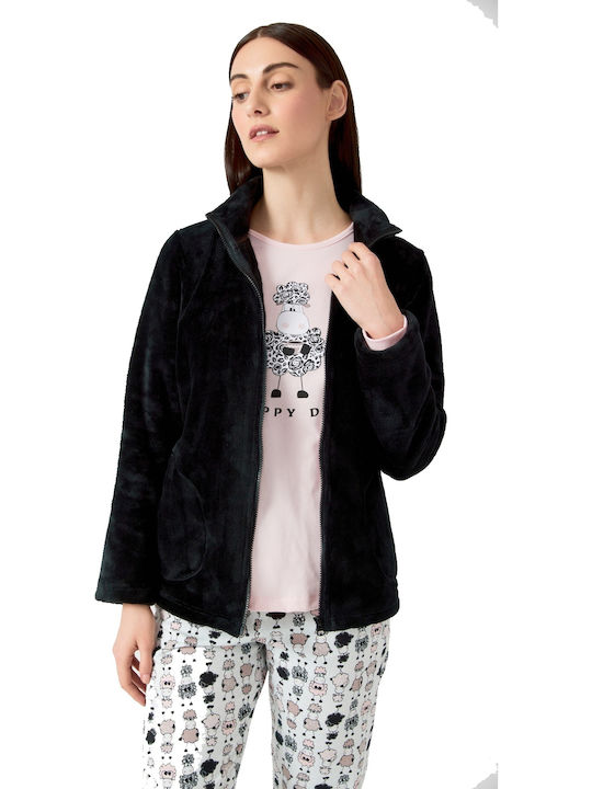 Minerva Pentru Femei Fleece Jachetă Pijamale Black