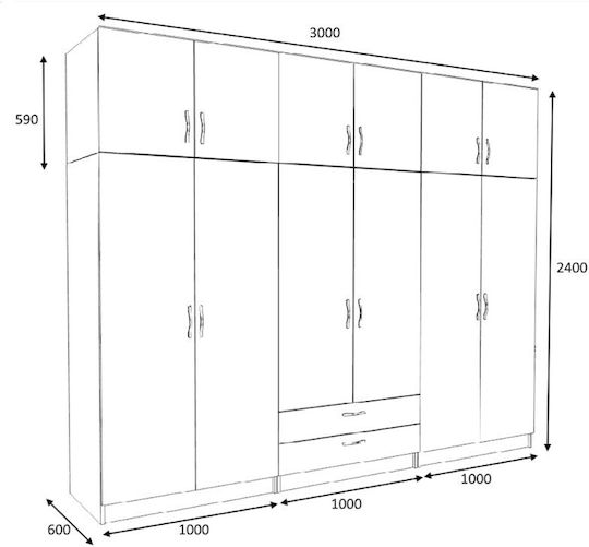 Victoria Εξάφυλλη Ντουλάπα με Πατάρι Λευκό 300x60x240cm
