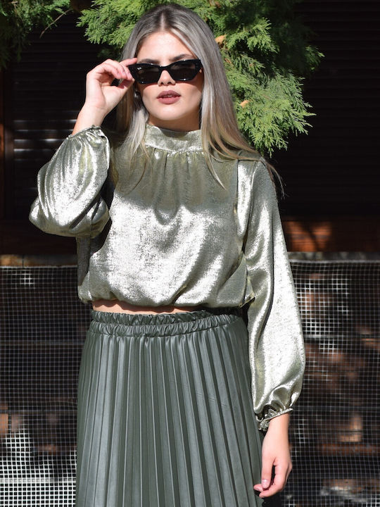 Damen Crop Top Satin Olive Oil Open