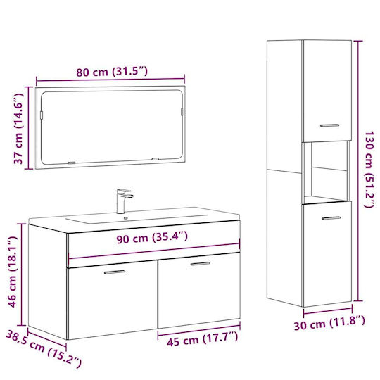 vidaXL Countertop Countertop without Sink, with Mirror & Column L90xW38.5xH46cm Old Wood