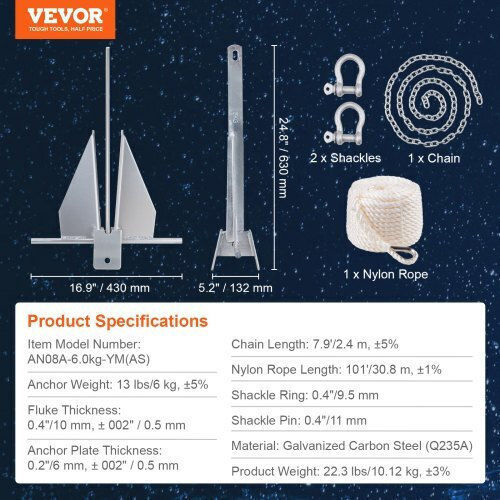 Σετ Άγκυρας Vevor Fluke 13 Lbs Γαλβανισμένο Ατσάλι Αλυσίδα 7.9' Σχοινί 101' Δύο Σακίδια 0.4" Σκάφη Κάτω 30' Flkmyjtdxg136w8vgv0