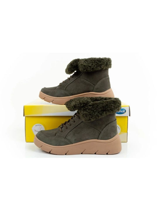 Scholl Leather Women's Ankle Boots Platform & Fur Khaki