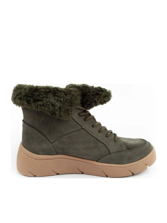 Stelvio Ghete Dama De Piele Ankle Boots Cu Platformă Și Blană Kaki