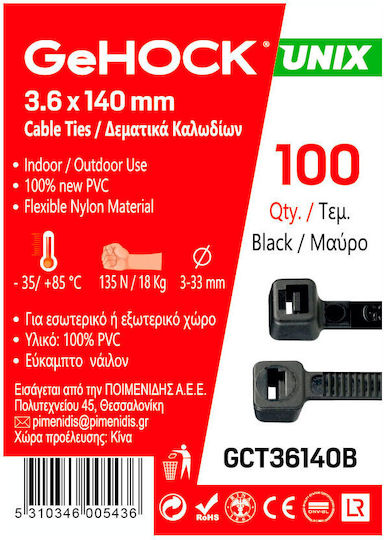 GeHock Plastic Cable Ties 140mm x 3.6mm In Black Colour 100 Pieces 136140