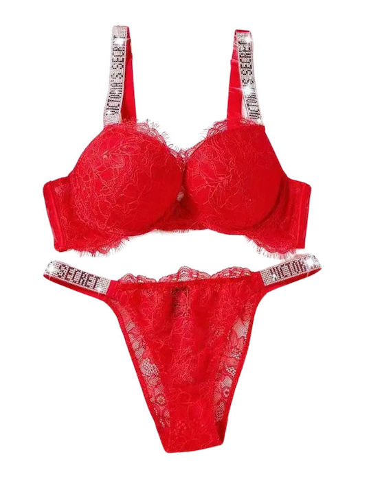 Chicret Essentials Dantelat Set de Lenjerie Sutien cu Brazilia Roșu