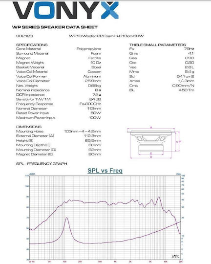 Vonyx Tieftöner Lautsprecher 902.123 4" Widerstand 8Ω