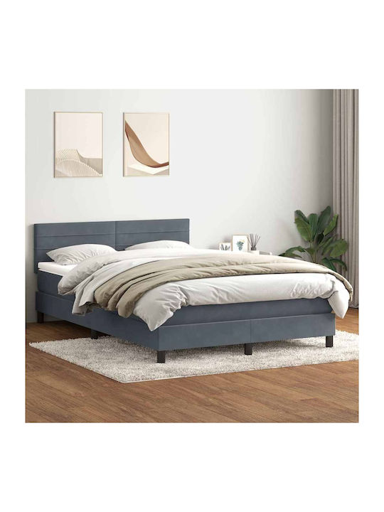 Pat Dublu Tapitat Cu Material Gri Închis Cu Plăci Și Saltea 160x210cm