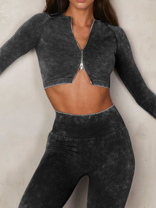 Paulina Γυναικείο Αθλητικό Crop Top Μακρυμάνικο Γκρι