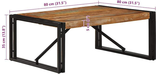Rectangular Central Coffee Table Made of Solid Wood Multicolour M80xL80xH35cm