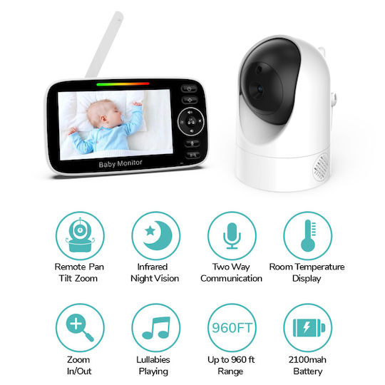 Powertech Drahtlose Babyüberwachung mit Kamera & Bildschirm 4.3" , Zwei-Wege-Kommunikation & Schlaflieder