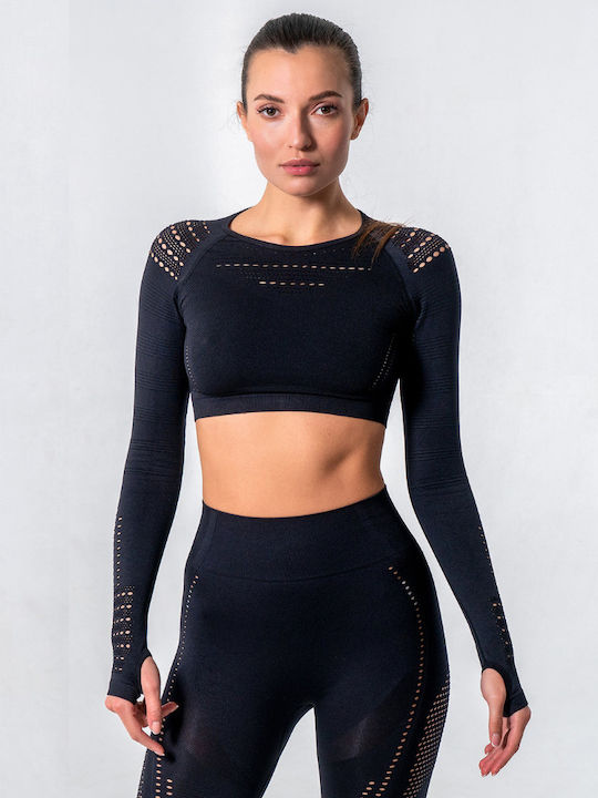 Women's Athletic Long Sleeve Crop Top Black