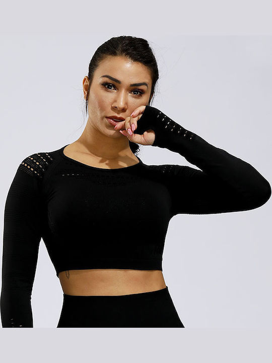 Women's Athletic Long Sleeve Crop Top Black
