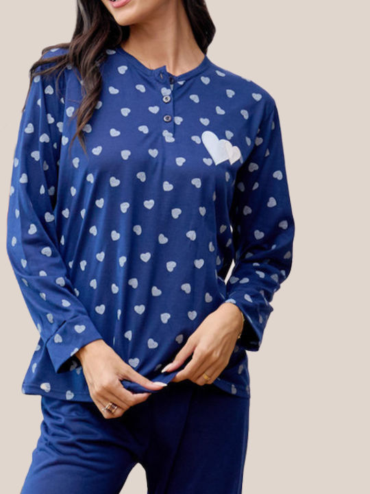 Winter Women's Pyjama Set Cotton Blue Hearts Discreet