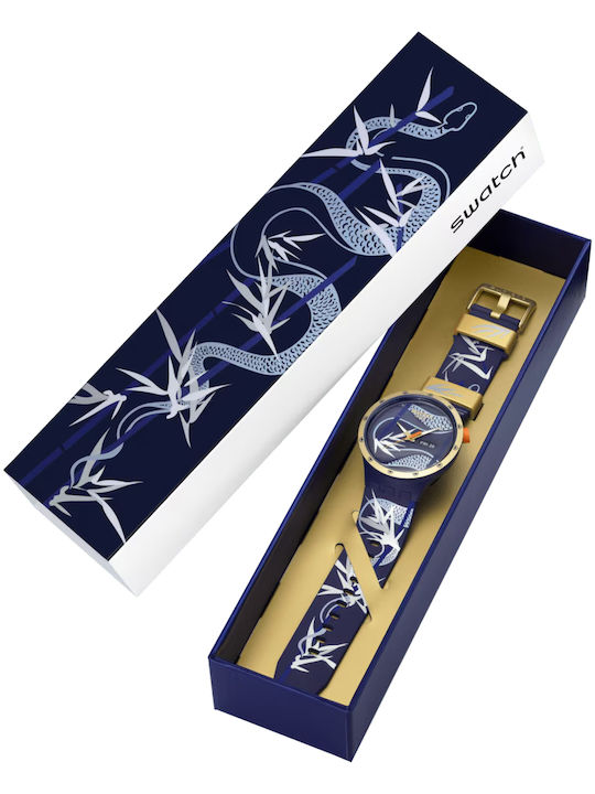 Swatch Golden Damen Uhr mit Blau Kautschukarmband