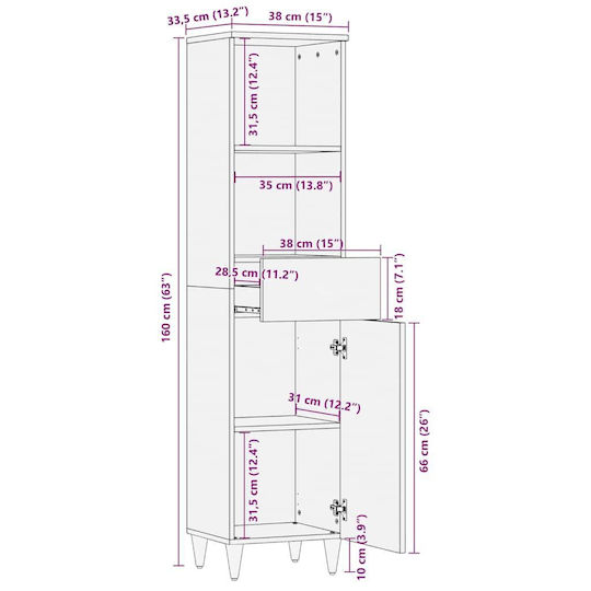 vidaXL Coloană pentru baie pardoseală M38xB33.5xÎnălțime 160cm Maro