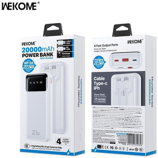 WK WP-64 Power Bank 20000mAh 22.5W with USB-A and USB-C Output Ports White