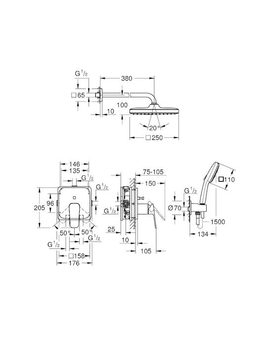 Grohe Σετ Μίκτης & Κεφαλή Ντουζ Εντοιχισμού για Ντουζιέρα 2 Εξόδων Ασημί 4067393050285