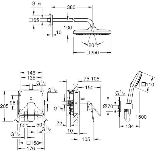 Grohe Σετ Μίκτης & Κεφαλή Ντουζ Εντοιχισμού για Ντουζιέρα 2 Εξόδων Ασημί 4067393050285