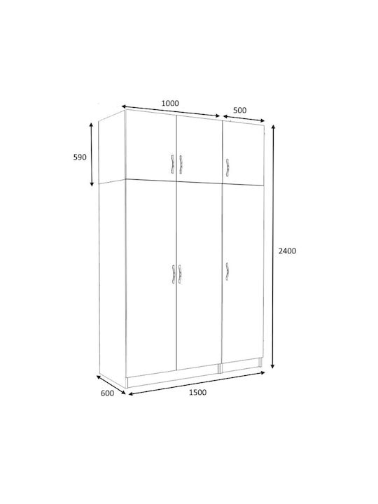Victoria Τρίφυλλη Ντουλάπα με Πατάρι Λευκό 150x60x240cm