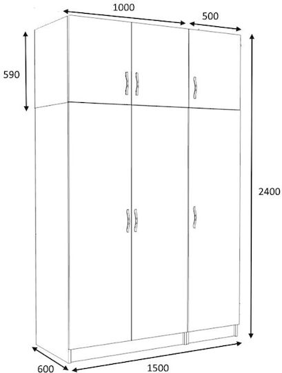 Dreifachtür Kleiderschrank Victoria mit Aufsatz White 150x60x240cm
