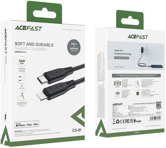 Acefast C3-01 Редовна USB-C към Lightning кабел 30W Черен 1.2м