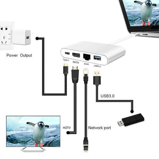 Powertech USB-C Docking Station με HDMI 4K PD Ethernet Γκρι (PTH-085)