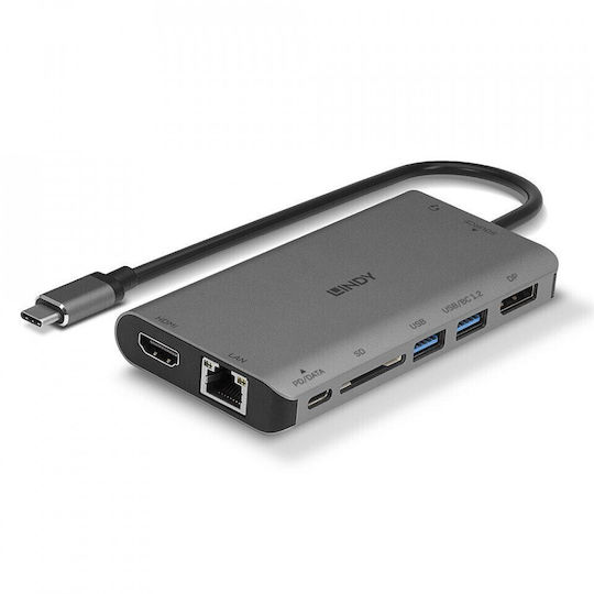 Lindy USB-C Docking Station with HDMI/DisplayPort 4K PD Ethernet and Support for 2 Monitors Gray (43323)