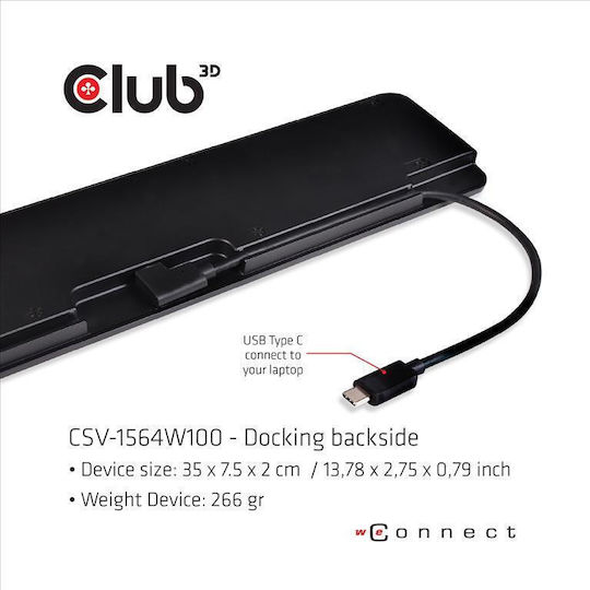 Club3D USB-C Docking Station with HDMI/DisplayPort 4K PD Ethernet and Support for 3 Monitors Black (CSV-1564W100)