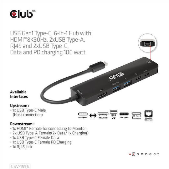 Club3D USB-C Docking Station με HDMI 4K PD Ethernet Μαύρο (CSV-1596)