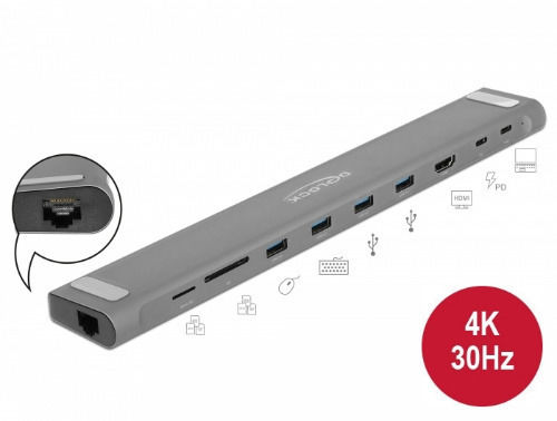 DeLock USB-C Stație de andocare cu HDMI 4K PD Ethernet Gri (87895)