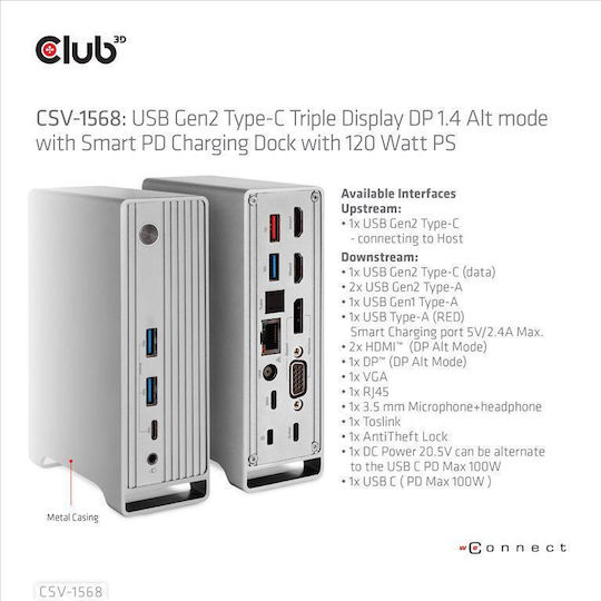 Club3D USB-C Докинг станция с DisplayPort 4K PD Ethernet и свързване 3 монитора Сребрист (CSV-1568)