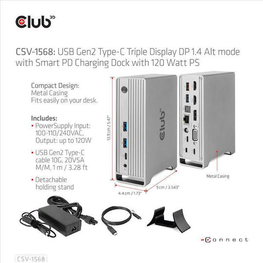 Club3D USB-C Докинг станция с DisplayPort 4K PD Ethernet и свързване 3 монитора Сребрист (CSV-1568)