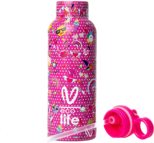 Ecolife Vasiliki Kids Water Bottle Thermos Stainless Steel with Straw Rainbow 500ml (Various Designs/Colours)