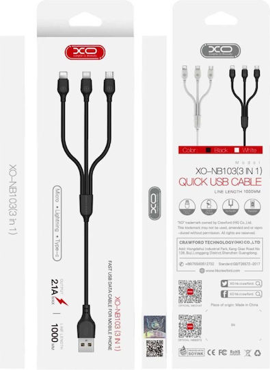 XO NB103 3in1 Regular USB to Lightning / Type-C / micro USB 1m 2.1A Cable White (80-0307-010)